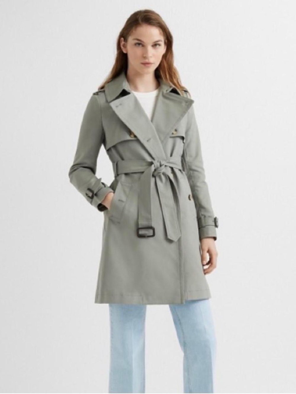 Club Monaco Sage Green Trench Coat with Tie Belt - Size S